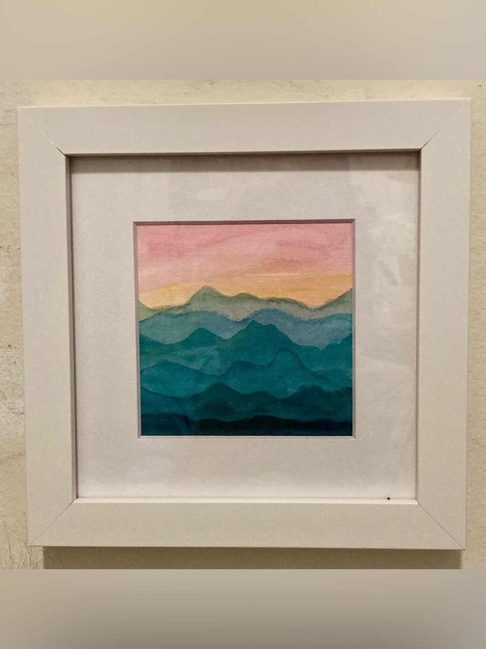 Framed Original Watercolor Art “Mountain Landscape” Size 7”x7”